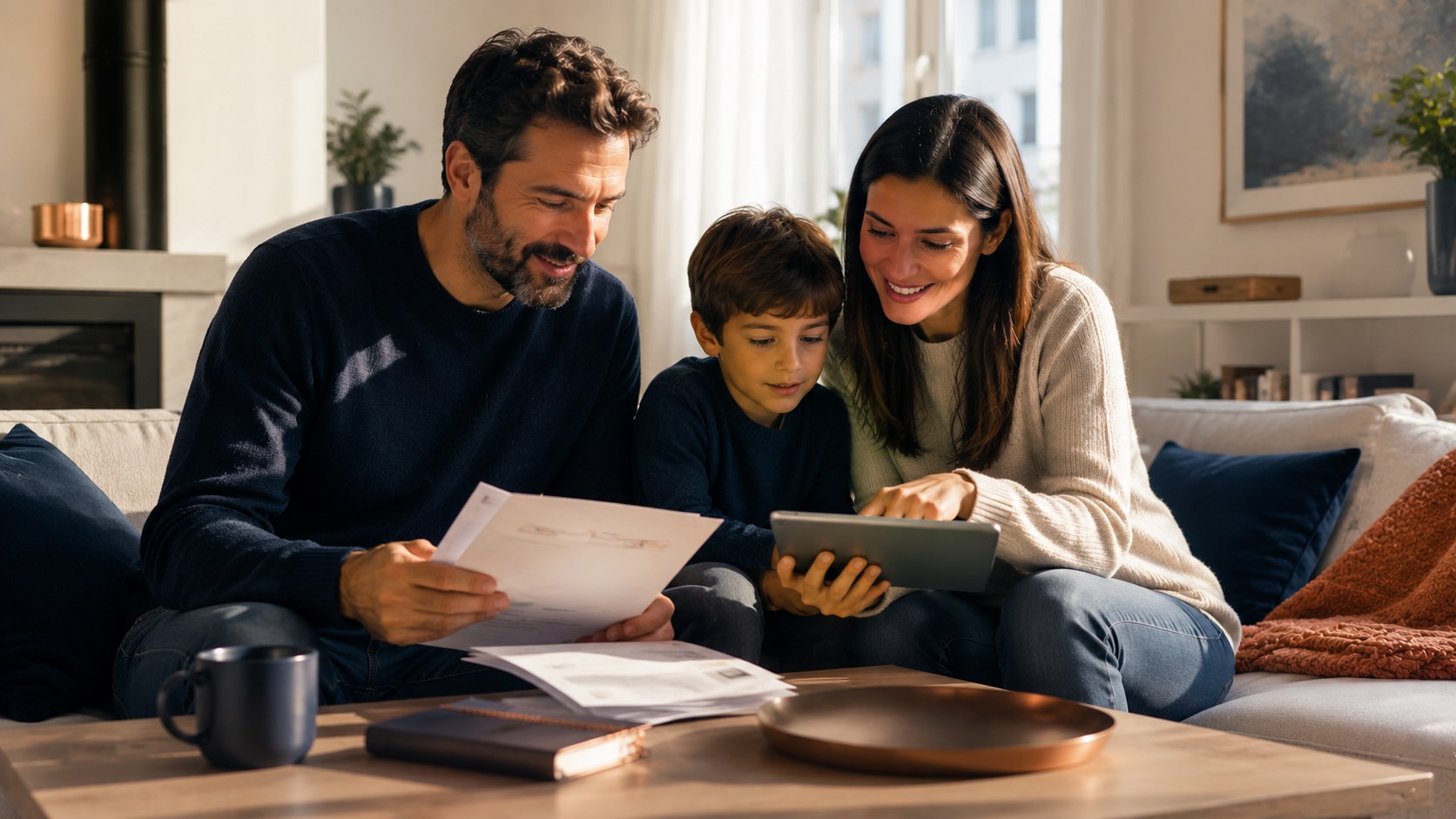 Famiglia italiana che consulta insieme documenti e tablet in salotto